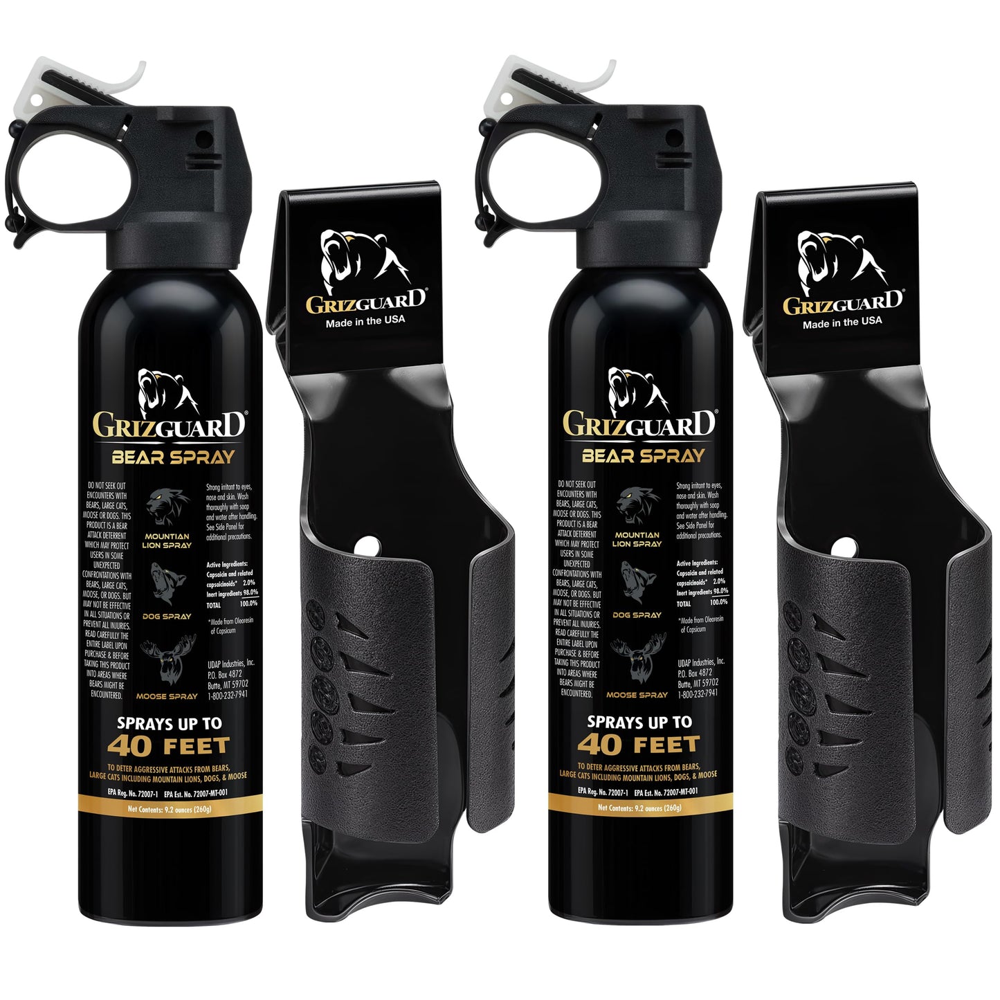 Griz Guard 260GG2 Bear Spray W/Holster 40 ft Range, Max Strength, EPA-Registered Spray for Bears, Mountain Lions, Coyotes, Dogs, & Moose, Outdoor Hiking & Camping Protection, Glow Safety, 9.2oz, 2PK