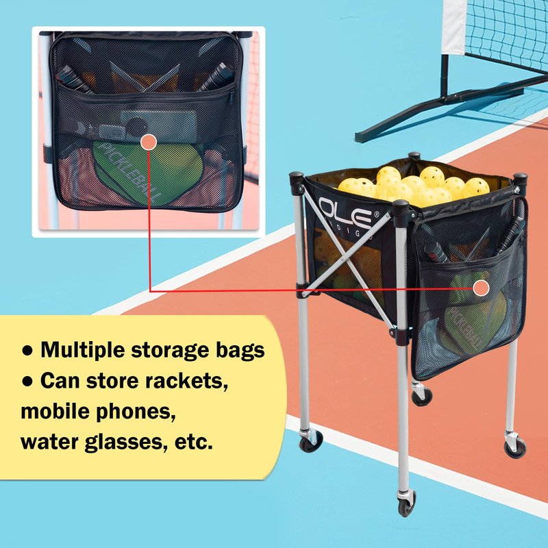 OLE ANDIGO Pickleball Cart Portable Tennis Balls Hopper,Holds 180 Pickleballs or 210 Tennis Balls,Pickle Ball Equipment,Ball Caddy with Wheels for Pickleball Player Training