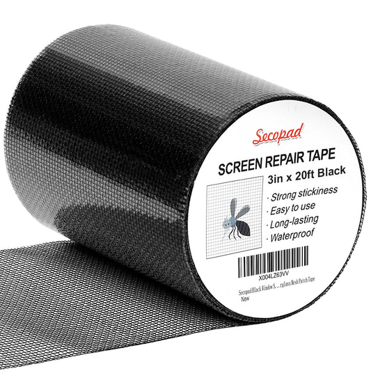 Secopad Black Window Screen Repair Tape, 3IN x 20FT (240IN) Screen Repair Kit for Windows or Doors, Strong Adhesive Fiberglass Mesh Patch Tape