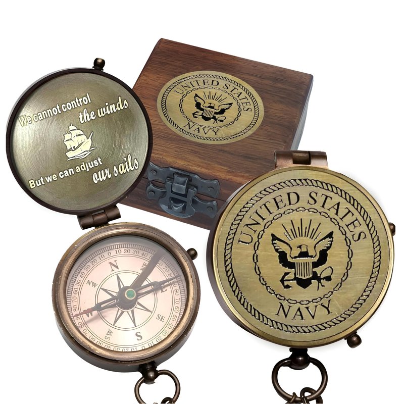 US Navy Military Gifts for Men Women - Personalized Retirement Compass for Son Mom Dad Family - Engraved United States Navy Gift (Navy with Wooden Box)
