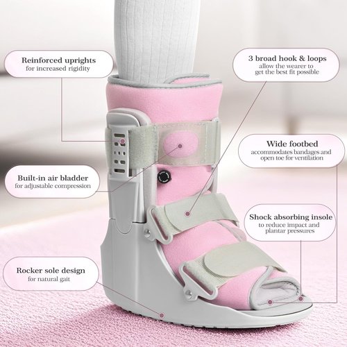 Jewlri Air Cam Walker Boot - Adjustable Support for Broken Foot & Sprained Ankle | Grey with Light Pink Lining, Medium