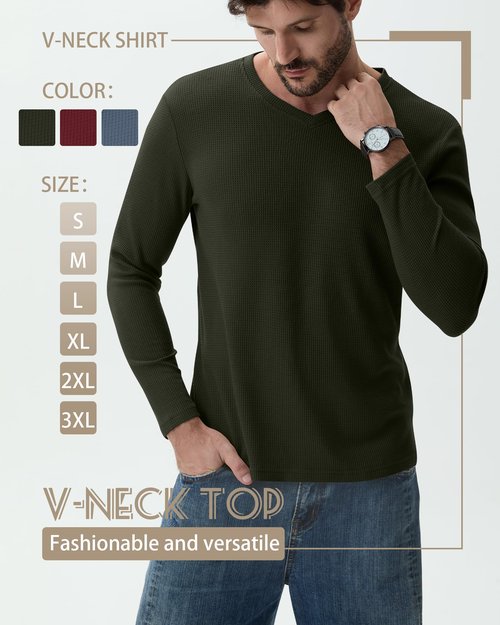Ficerd 3 Pack Men's Waffle Thermal Long Sleeve Shirts V Neck Underwear Tops Casual Knit Undershirts Pullover Sweaters(Haze Blue, Burgundy, Dark Army Green,X-Large)