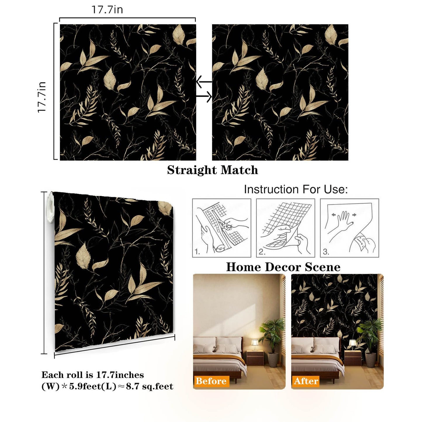 Akodm Black and Champagne Gold Leaf Wallpaper Peel and Stick Botanical Vintage Contact Paper for Cabinets Drawers Bathroom Removable Self Adhesive Thick Vinyl Waterproof Luxury Wallpaper 17.7"x70.8"