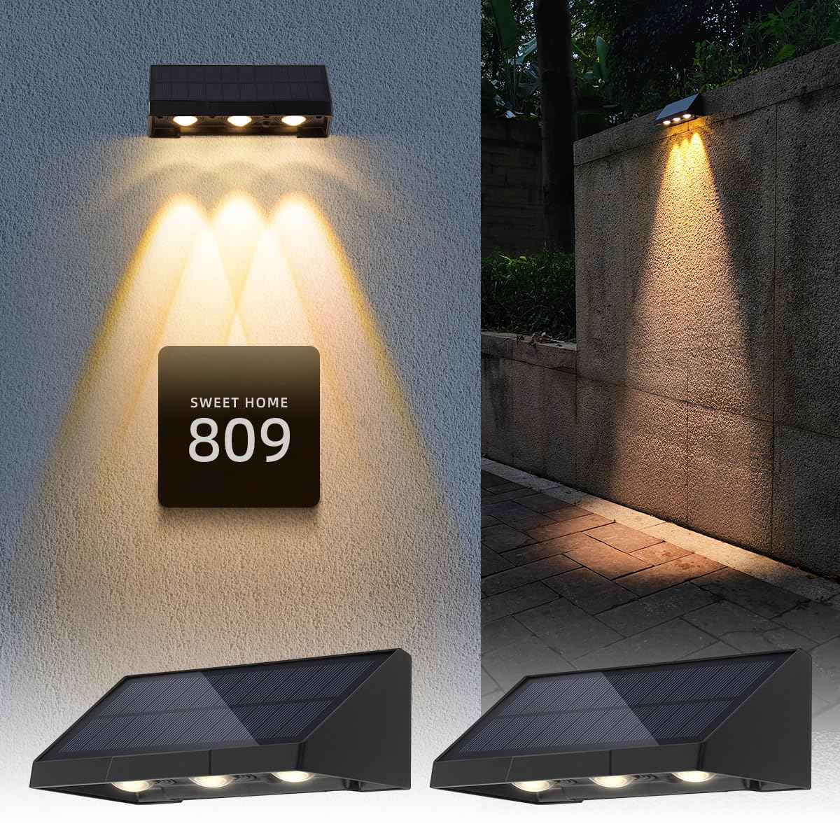 Solar Wall Lights Outdoor, 3 LED Lenses Fence Lights Solar Powered Outdoor Waterproof Warm White, Dusk to Dawn Exterior House Number Lighting for Porch, Patio, Balcony, Deck, Address Sign (2 Pack)