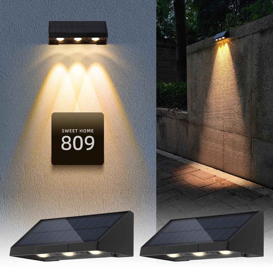 Solar Wall Lights Outdoor, 3 LED Lenses Fence Lights Solar Powered Outdoor Waterproof Warm White, Dusk to Dawn Exterior House Number Lighting for Porch, Patio, Balcony, Deck, Address Sign (2 Pack)