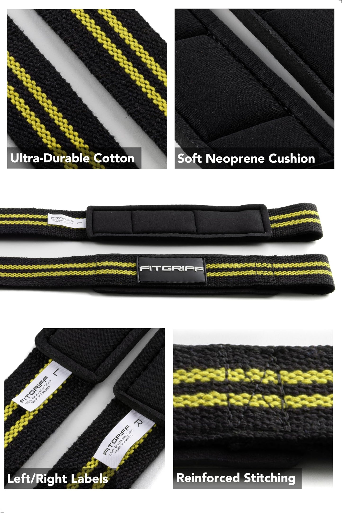 Fitgriff® Lifting Wrist Straps for Weightlifting, Gym, Deadlift, Workout (Made of Premium Cotton & Padded) - Men & Women (Standard, Black/Yellow)