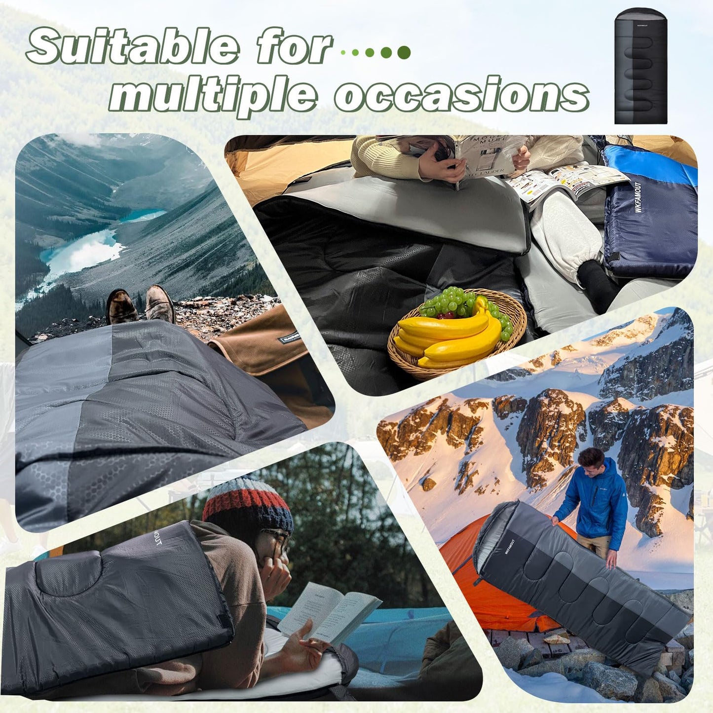 WKFAMOUT 0 Degree Sleeping Bags Waterproof for Adults, Cold Weather Machine Washable Sleeping Bag with Compression Sack for 3-4 Season Camping Outdoor
