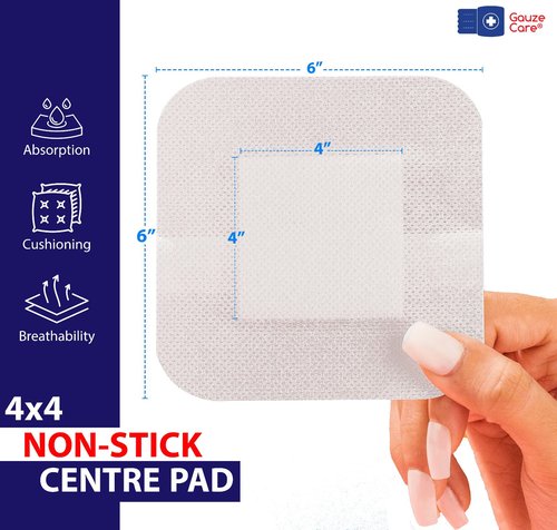 GauzeCare Island Dressing 6x6 (inch) 25 Pcs| Individually Packed Sterile Bordered Dressing | 4x4 Non-Stick Pad in Center with Acrylic Adhesive Borders| Water-Resistant Adhesive Pads for Wound Care