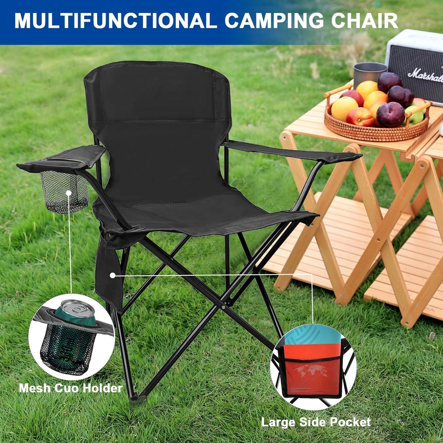 Skiennix Folding Camping Chairs - Heavy Duty Collapsible Lawn Chairs with Cooler Bag & Storage Pocket - Supports 225lbs, Black