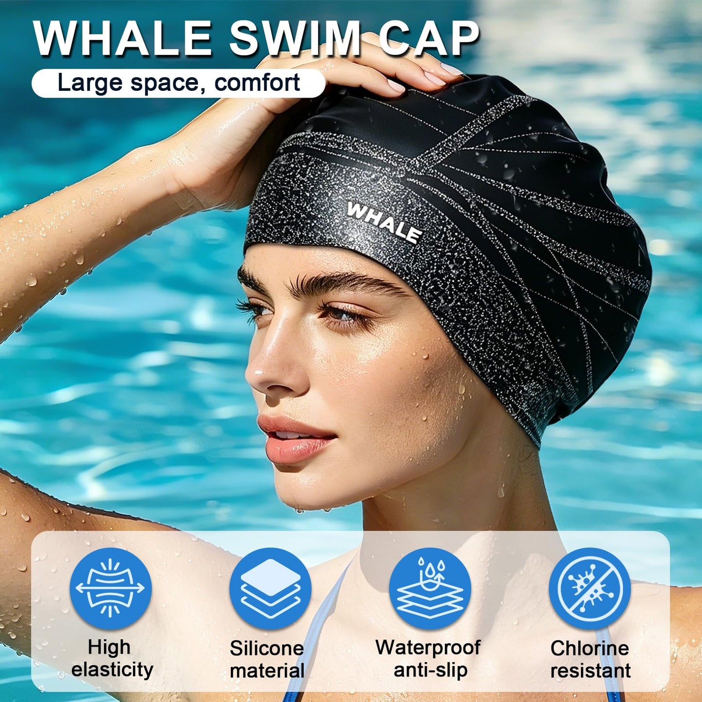 WHALE Extra Large Swim Cap Designed for Men and Women with Thick, Long Hair, Hair Extensions Or Afro-Textured Hair Long-Hair Swim Cap Highly Waterproof to Keep Hair Dry (Black)