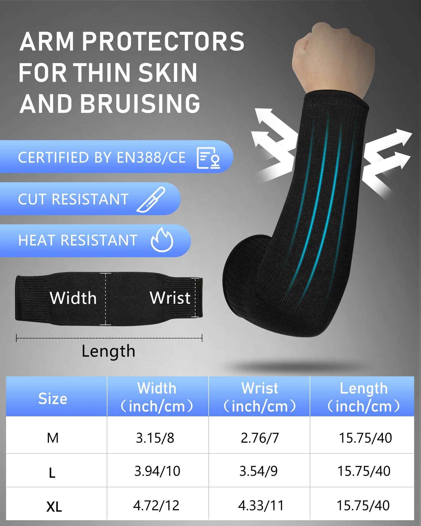 Neer 3 Pairs Cut Resistant Arm Sleeves Level 5 Arm Guard Protectors for Welding Gardening Kitchen Thin Skin Bruising Forearm(M,Black Blue Gray)