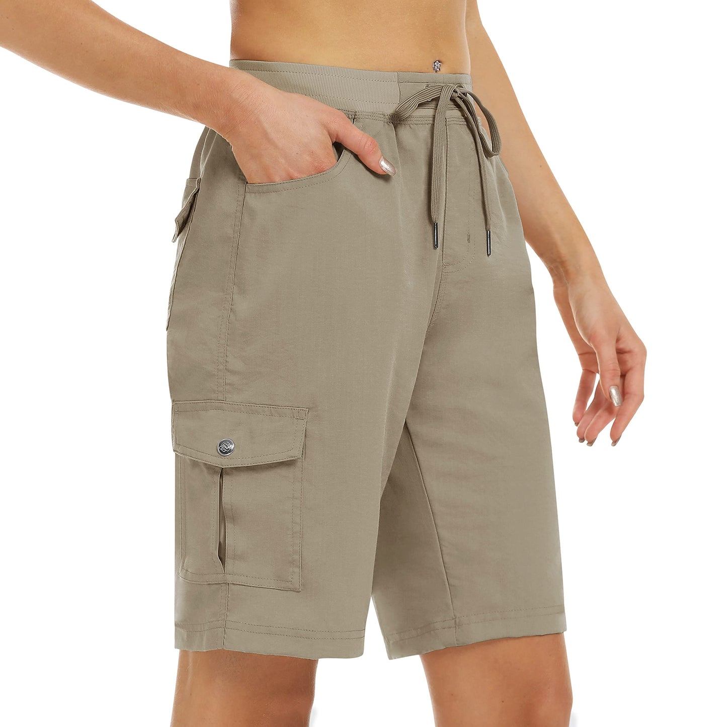 MoFiz Women's Hiking Long Shorts 10" Quick Dry Cargo Shorts for Women Lightweight Knee Length Athletic Shorts with Pockets Khaki XL
