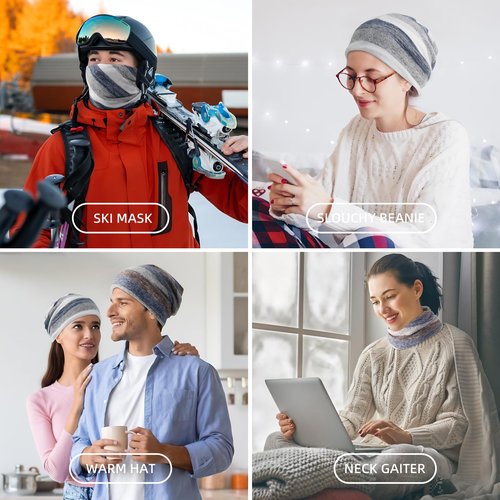 Slouchy Beanie Chemo Hats for Women Men Head Scarf Curly Hair Sleep Head Wraps for Cancer Patient (US, Alpha, One Size, 2 Pack White Blue)