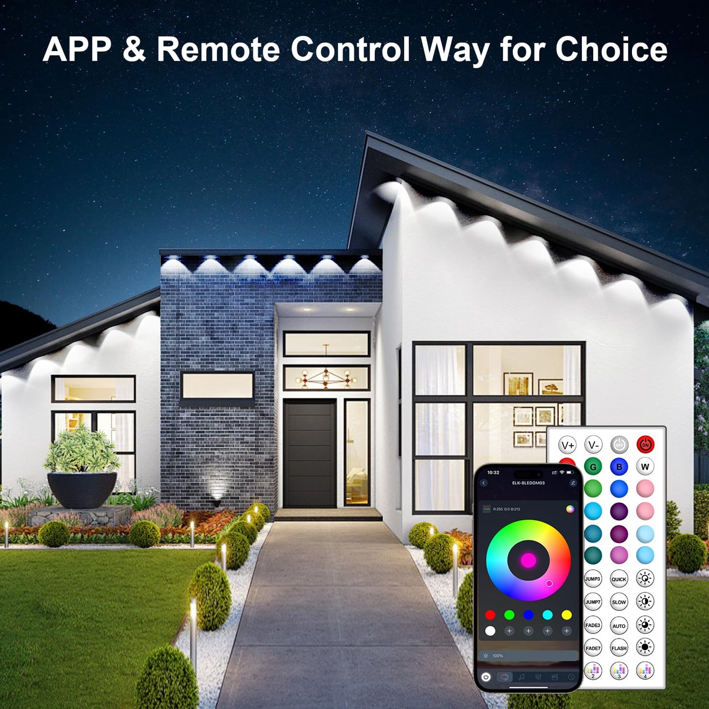 150FT Permanent Outdoor RGB Lights - IP65 Waterproof with Smart App Control Remote, DIY Scene Modes, Music Synchronization, Eaves Lights For Garden Decor, Deck, Christmas, Party, Party, Halloween,Roof