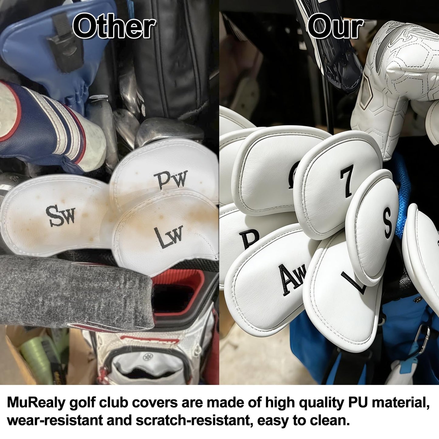 10PCS Premium Synthetic Leather Golf Club Covers, White Thick Golf Iron Covers, Durable and Stylish Head Covers for Golf Clubs, Fits Most Clubs