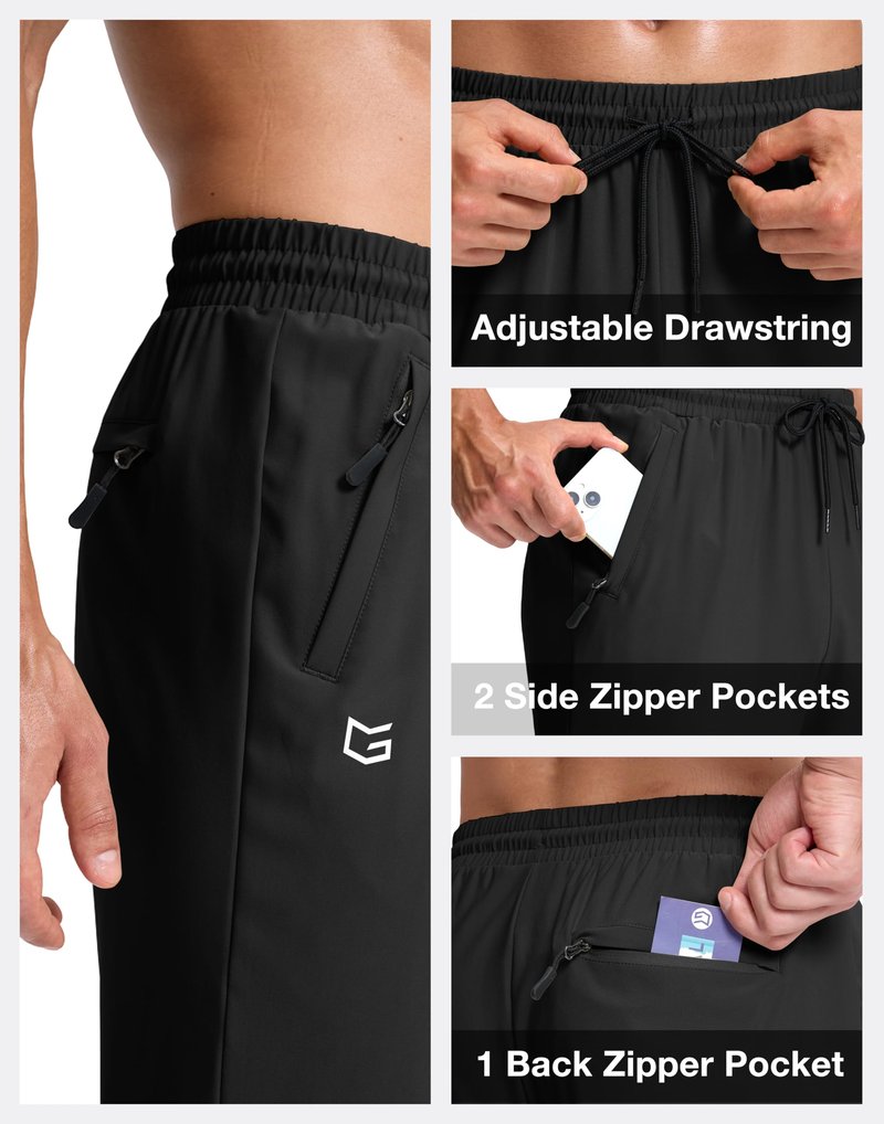 G Gradual Men's Lightweight Pants with 3 Zipper Pockets Athletic Workout Sweatpants Quick Dry Running Hiking Pants for Men Black L