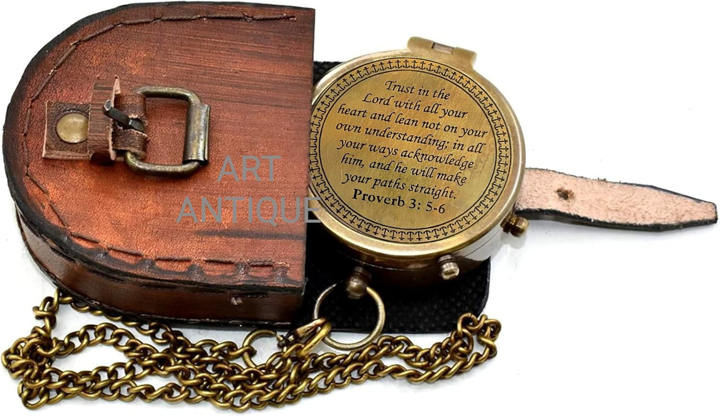 Trust In The Lord Brass Compass - Engraved Inspirational Bible Verse with Leather Case | Perfect Christian Gift for Graduation or Birthday