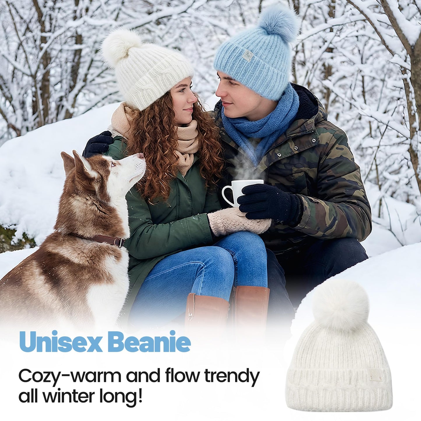 Ababalaya 100% Real Angora Rabbit Hair Knit Beanie with Real Fox Hair Pom Pom, Warm Winter Chunky Hat, Double Cuffed Cap Soft Fuzzy Knitted Skull Beanies,White