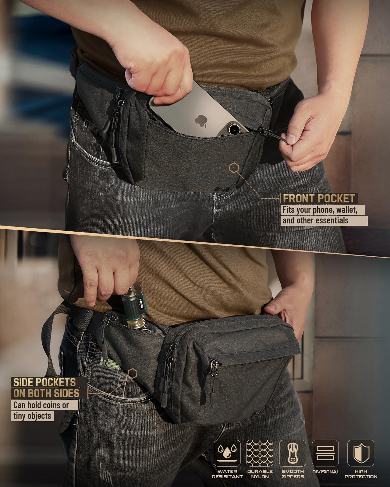RXW Tactical Concealed Carry Fanny Pack, CCW Fanny Pack, Waist Bag for Men, Hip Bag Compact Belt Bag for Hiking, EDC Waist Pack(Adjustable Up to 60" Waist)