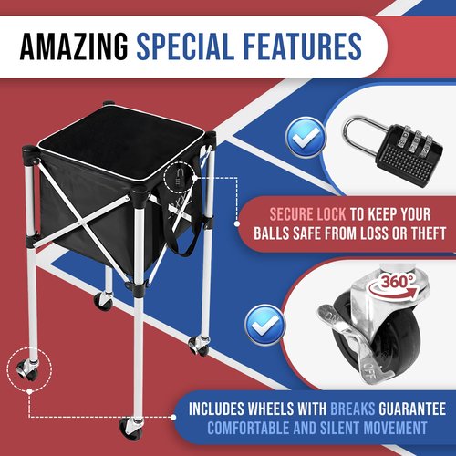 NOXXA Tennis and Pickleball Ball Hopper with Pickup Tube – Pickleball Tennis Ball Basket with Wheels, 150 Tennis Ball or 120 Pickleball Ball Holder Capacity, Indoor and Outdoor