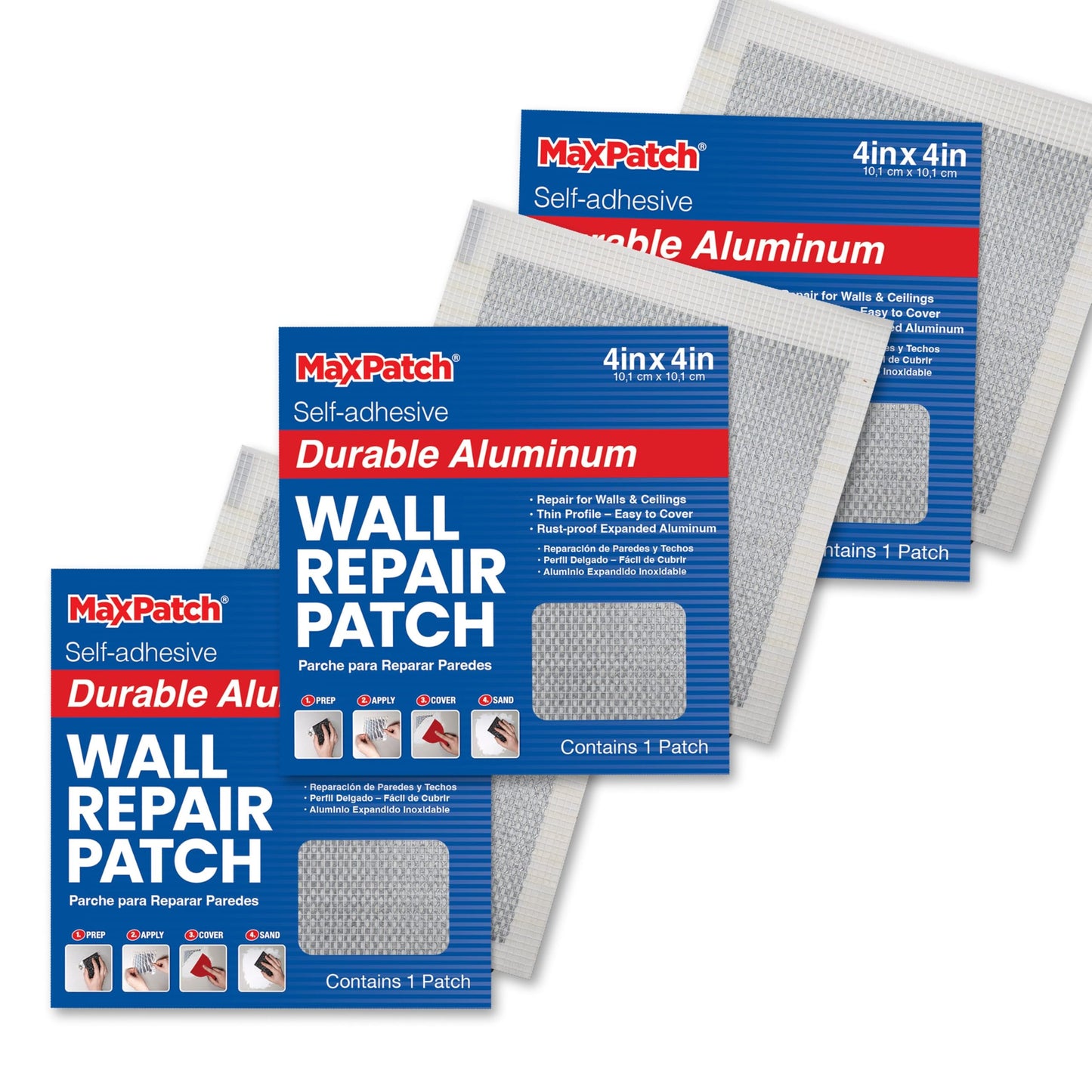 MaxPatch® 4 in. x 4 in. Aluminum Self-Adhesive Wall Repair Patch (3-Pack) – Expanded Perforated Rust-Resistant Aluminum with Strong Adhesive Backing for Interior Wall Repairs