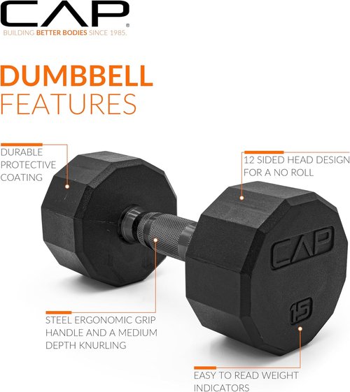 CAP Barbell Coated Hex Dumbbell Weight - Versatile Single Weights | 10-120 lbs Options Available