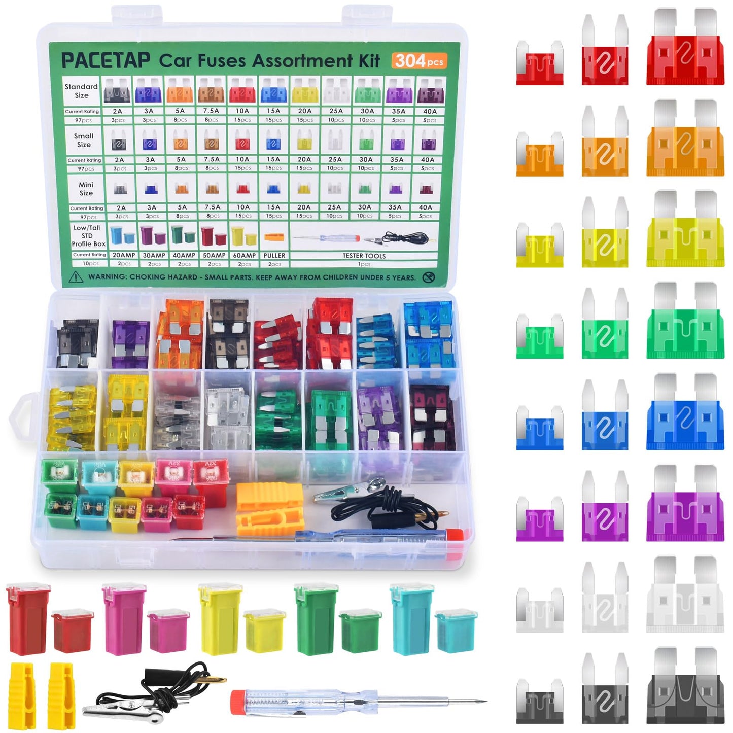 304Pcs Car Fuses Assortment Kit Include Standard & Small & Mini Size, Automotive Low and Tall/STD Profile Box Shaped Assorted Fuse with Fuses Puller for Trucks, Cars and SUV, Boat