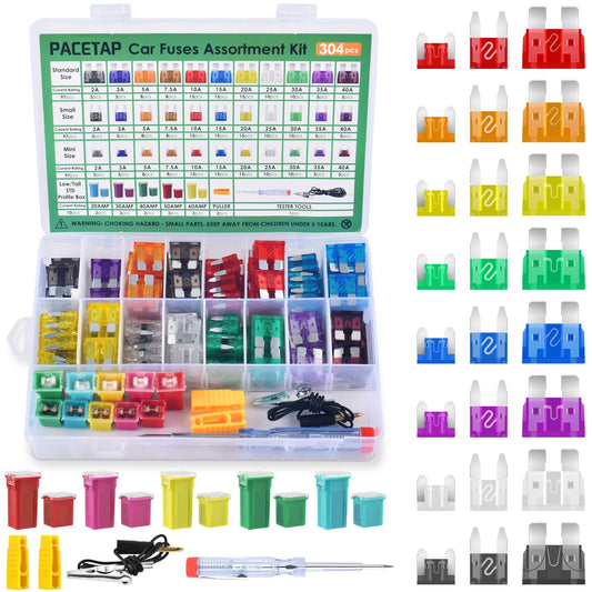304Pcs Car Fuses Assortment Kit Include Standard & Small & Mini Size, Automotive Low and Tall/STD Profile Box Shaped Assorted Fuse with Fuses Puller for Trucks, Cars and SUV, Boat
