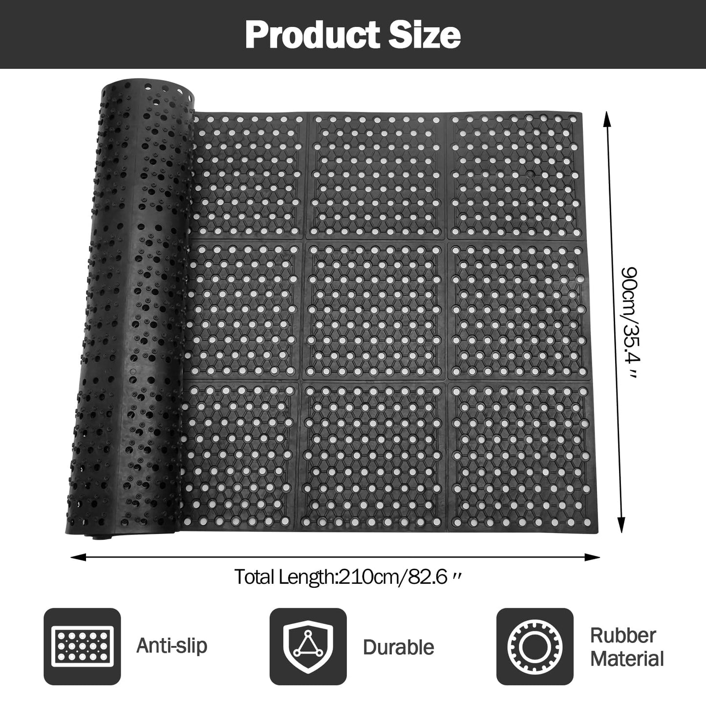 jxgzyy 83x35 Commercial Anti-Fatigue Drainage Rubber Matting Non-Slip Rubber Drainage Mat Commercial Kitchen Floor Mat Rubber Mat with Holes for Wet Area Use Black