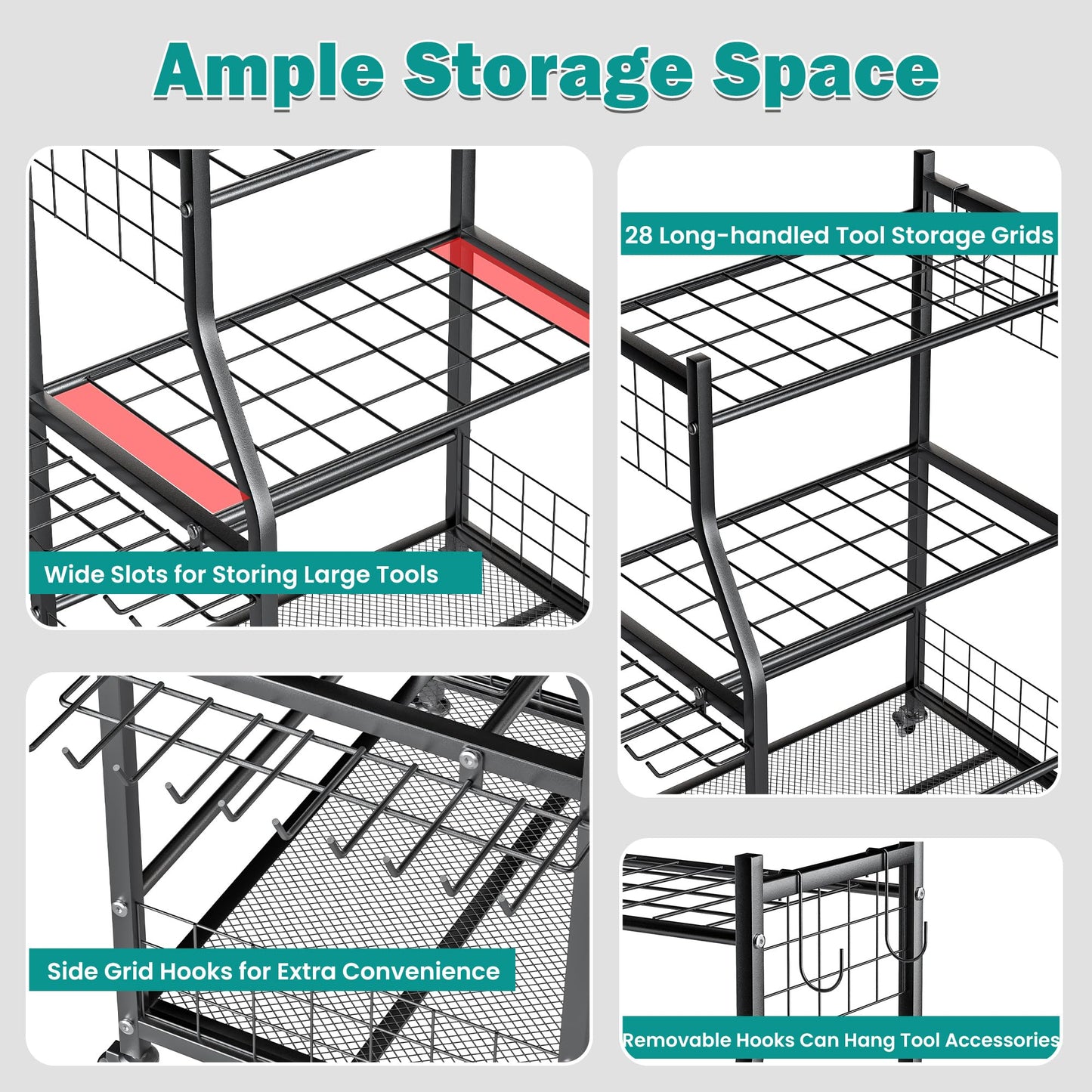 EVERHANGER Garden Tool Organizer Stand, Garage Tool Storage Organization, Yard Tool Racks with lockable wheels, Fit for Long-Handled Tools/Rakes/Brooms, Indoor/Outdoor Use