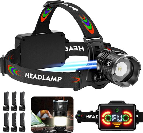 220000 Lux Bright Camping Headlamp - 17 Modes, Motion Sensor, Adjustable Focus | IP65 Waterproof, 125° Angle
