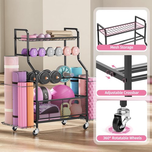 Dumbbell Rack, Weight Storage Rack for Home Gym with Wheels, Holds Yoga Mats, Kettlebells & Strength Training Equipment, Black