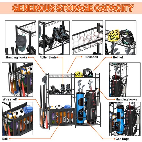 Ultrawall Sports Equipment Organizer Golf Bag Holder for Garage, Ball Storage Rack, Golf Bag Stand, Kids Toy Storage for Indoor/Outdoor