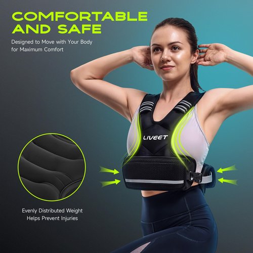Liveet Adjustable Weighted Vest for Women Men, 4-10lb Weight Vest with 6 Ironsand Bags, Running Vest with Reflective Strips Adjustable Buckle Straps for Walking Strength Training