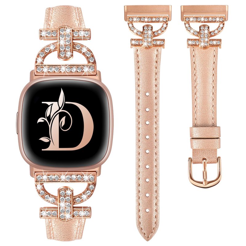 Minyee Leather Bands Compatible with Fitbit Versa 4/Versa 3/Sense 2/Sense Band for Women, Dressy Bling Slim Leather Strap with D-shaped Diamonds Metal Buckle for Versa 3