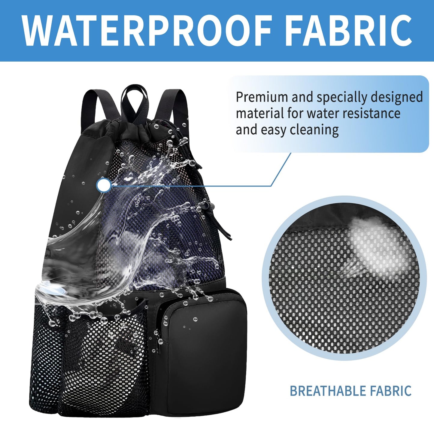 lifwimner Swim Bag Mesh Beach Drawstring Backpack with Wet Pocket Waterproof for Gym Workout Men Women (Black)