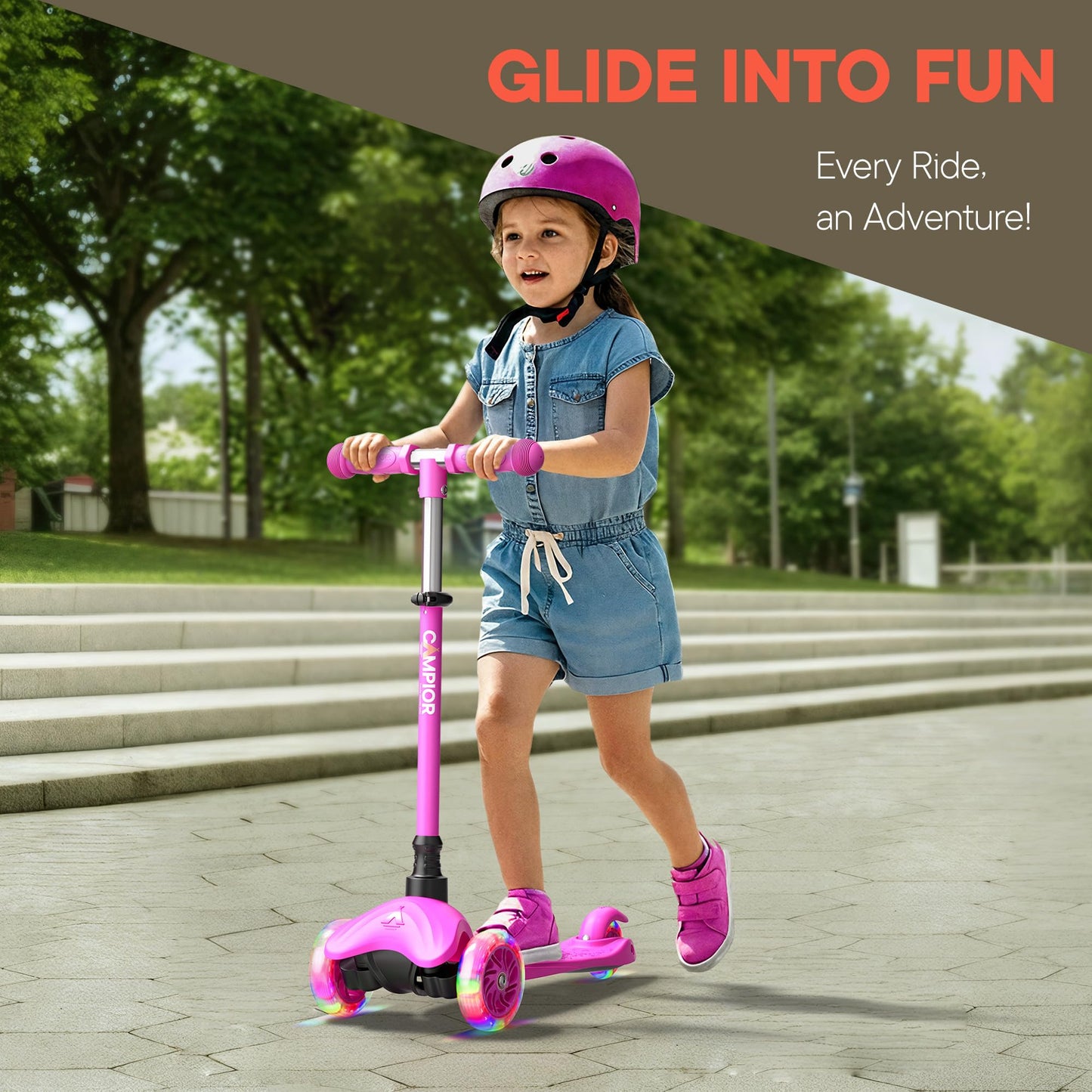 Pink Mini 3 Wheel Scooter for Kids – Lean-to-Steer with LED Light-Up Wheels, Adjustable Handlebar, Wide Anti-Slip Deck, Smooth PU Wheels, Rear Foot Brake – Toddler Scooter for Ages 2+