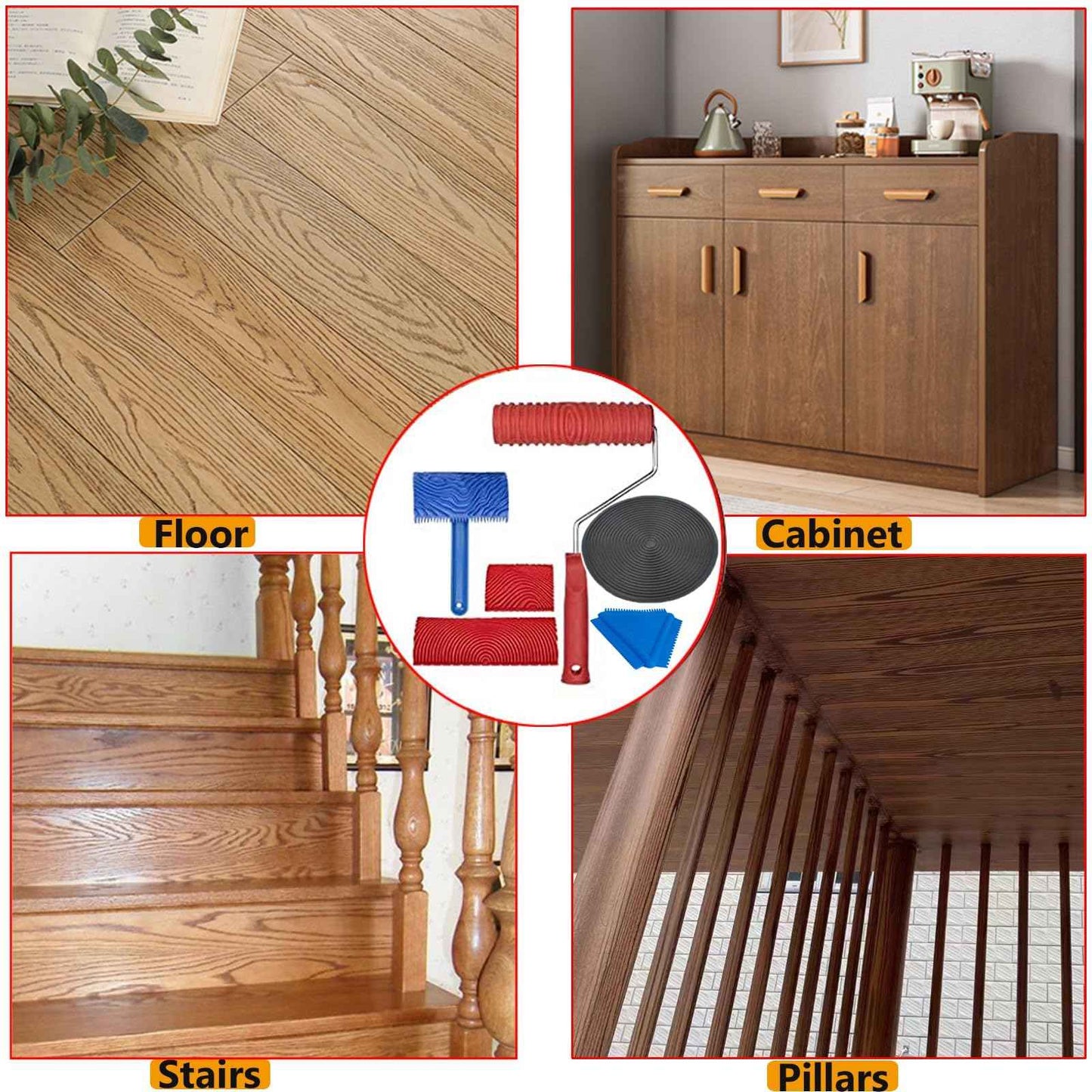 Wood Graining Tool Set, 6pcs 7" Fake Wood Grain Roller Rubber Graining Tool Paint Look Like Wood DIY Painting Tool with Handle for Walls Room Art Paint Decoration