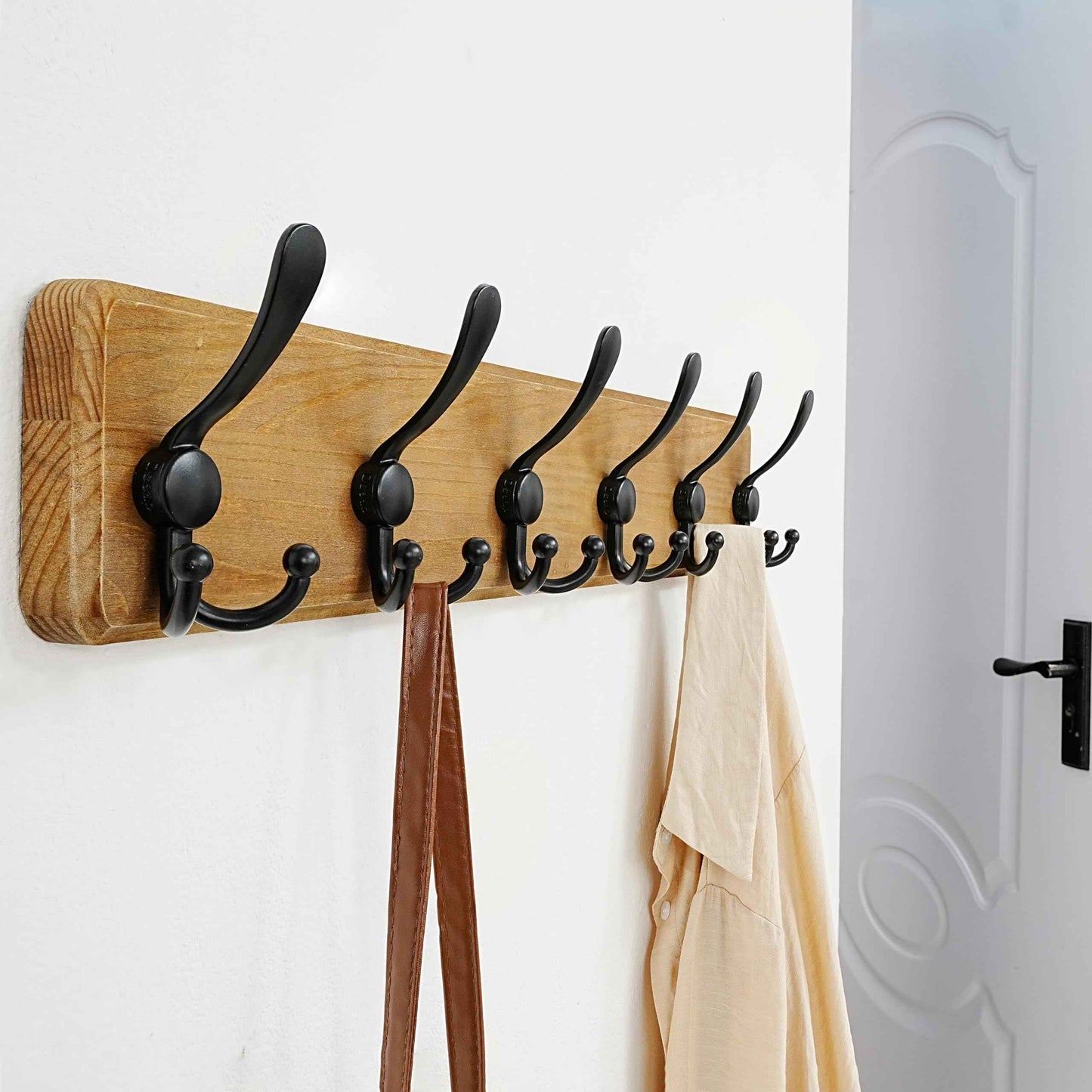 Dseap Coat Rack Wall Mounted - 24" Long 6 Tri Hooks, Heavy Duty Wooden Wall Coat Hanger Coat Hook for Clothes Hat Jacket Clothing, Weathered Brown and Black, Pack of 2