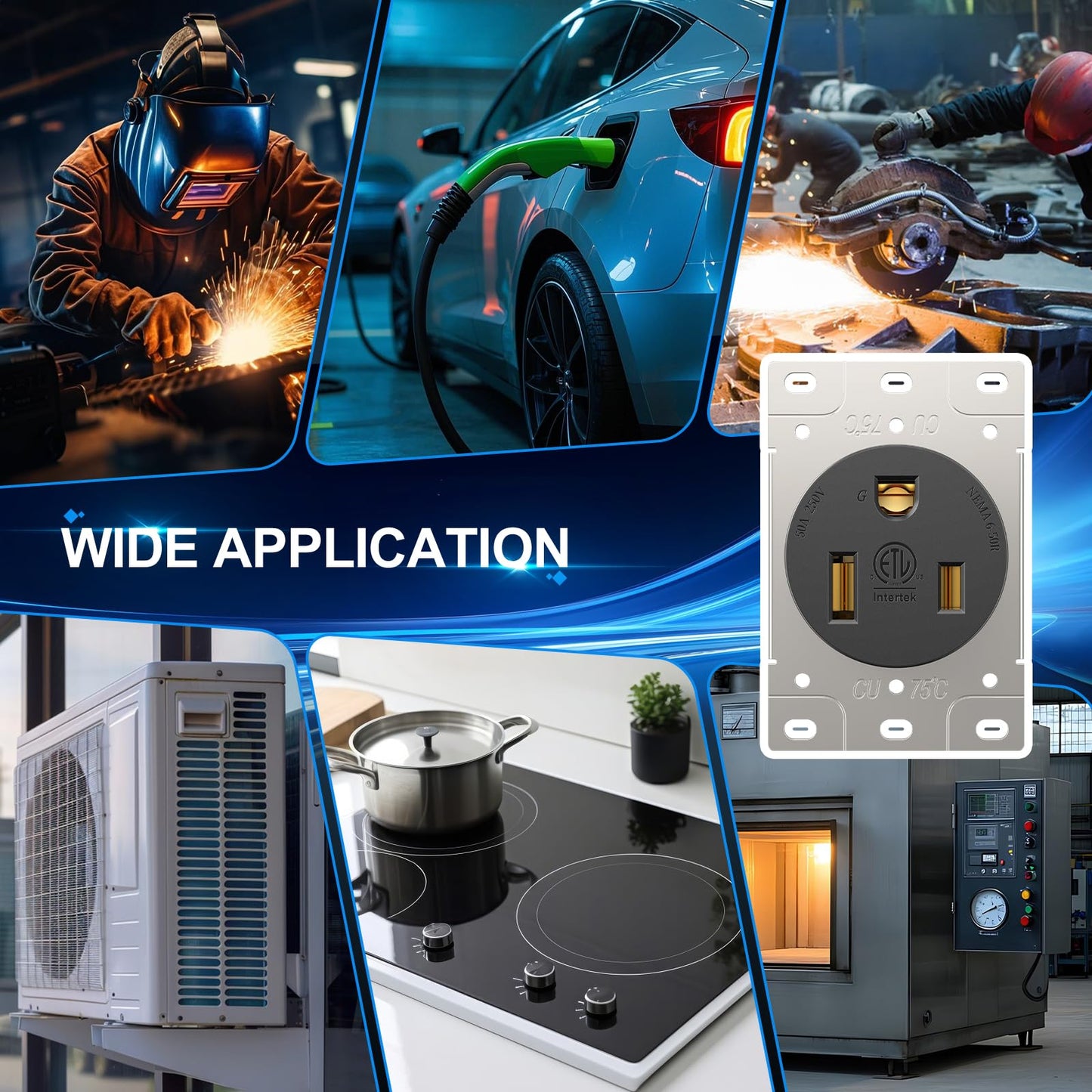 NEMA 6-50R Receptacle 50A Welder Wall Socket 250V 240V 220V Outlet Flush Mount Grounding Side Wired Industrial Grade for EV Charger Heater Plasma Cutters Electric Stove ETL Listed