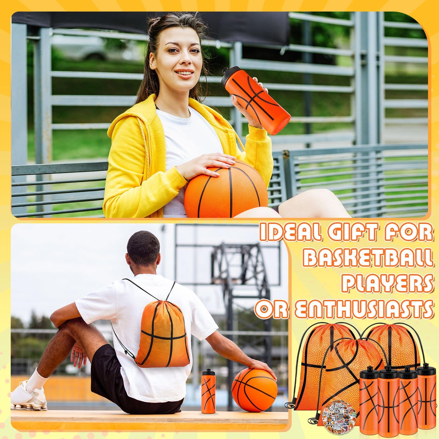 24 Pcs Basketball Water Bottle Basketball Drawstring Bag Set with 50 Sticker Basketball Party Favors 12 Reusable Sports Squeeze Water Bottle 20oz 12 Basketball Goodie Gift Bag for Basketball Team Gift