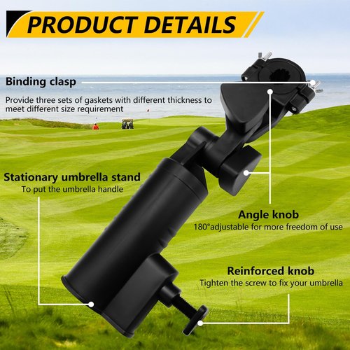 BangBoom Golf Push Cart Umbrella Holder, Adjustable Golf Trolley Umbrella Clamp Stand, Universal Umbrella Attachment for Chair Stroller Wheelchair Fishing Bike Beach (Black)