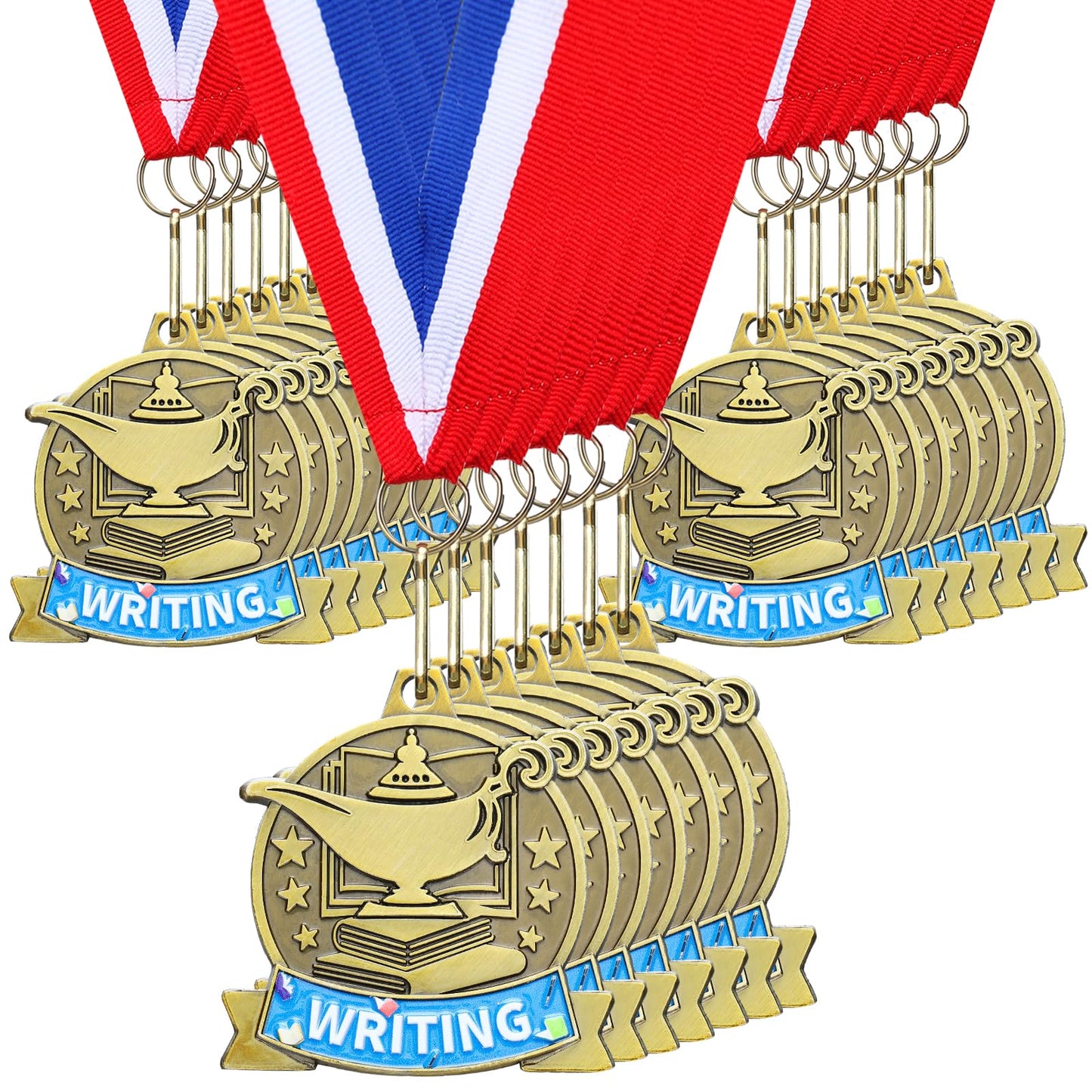 Loetere 20 Pcs Academic Excellence Medals Bulk 2.4 inch Reading Gold Medals with Neck Ribbons Metal Trophy Award Prize Gifts for Adult Book Lover Competitions Party (Writing)