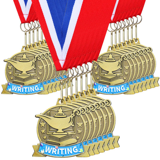 Loetere 20 Pcs Academic Excellence Medals Bulk 2.4 inch Reading Gold Medals with Neck Ribbons Metal Trophy Award Prize Gifts for Adult Book Lover Competitions Party (Writing)