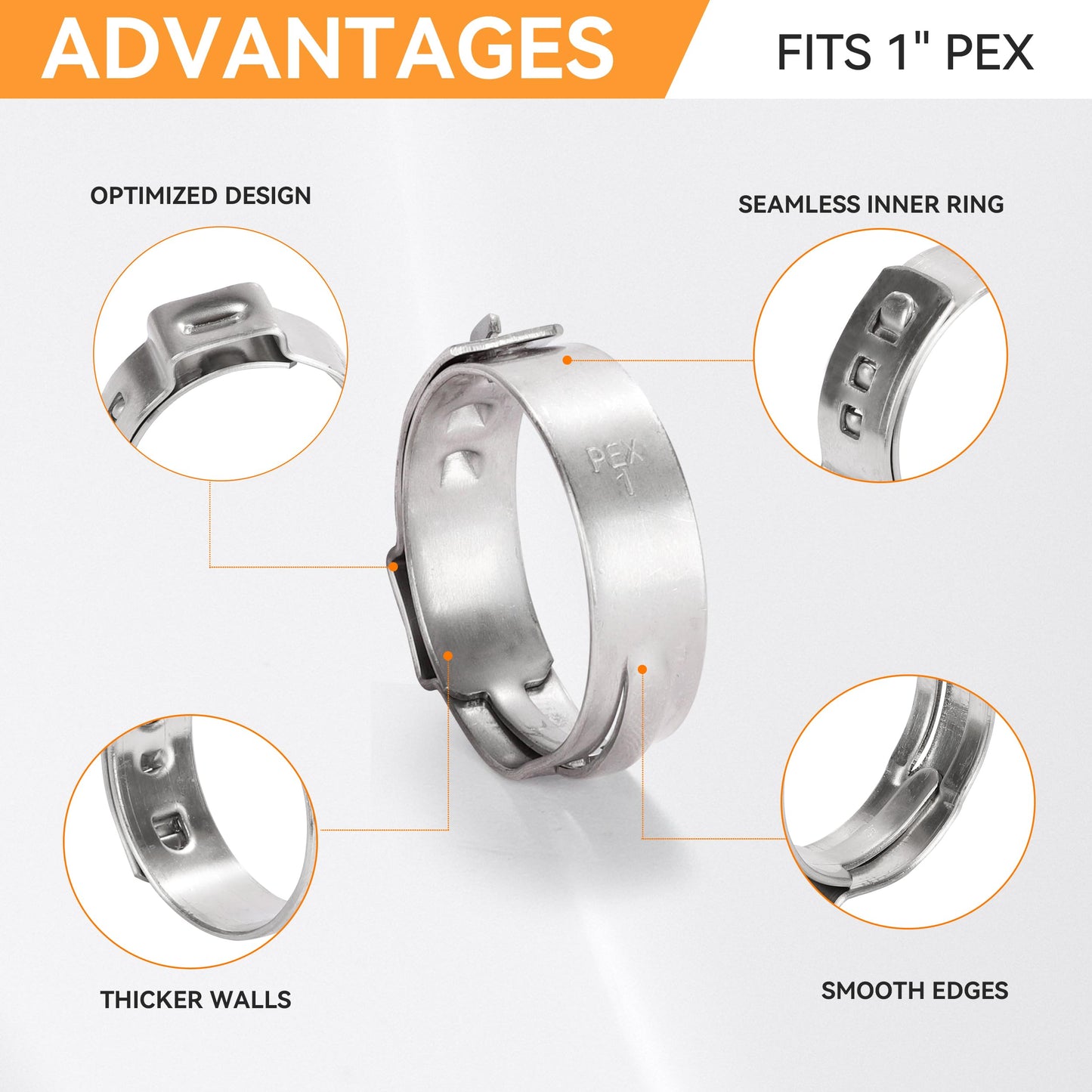 YMYP 30PCS 1 Inch PEX Cinch Clamps, 304 Stainless Steel Single Ear Hose Clamps for PEX Tubing & Pipe Fittings, Leak-Proof and Rust-Resistant