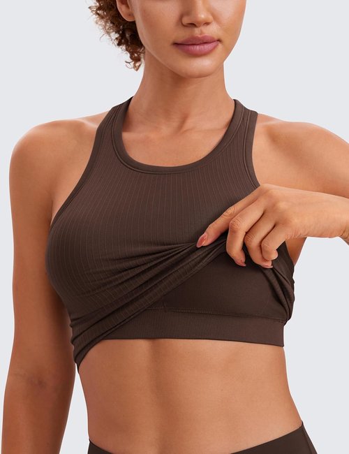 CRZ YOGA Seamless Ribbed High Neck Crop Tank Top - Longline Racerback Padded Sports Bra for Women