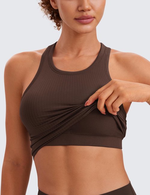 CRZ YOGA Seamless Ribbed High Neck Crop Tank Tops for Women - Longline Racerback Padded Sports Bras Hot Fudge Brown Medium