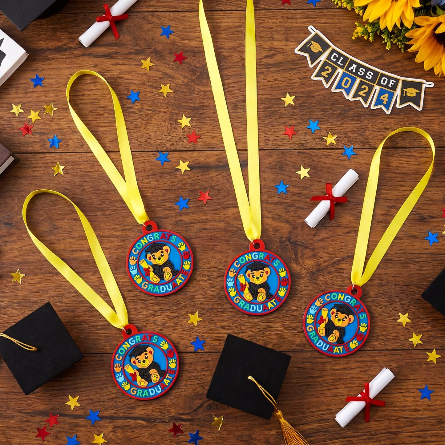 Sratte 24 Pcs Kindergarten Prek Preschool Graduation Medals for Kids, Bulk Kinder Pre-k Graduation Gifts with Yellow Ribbon, End of Year Student Gifts Party Favors Supplies, 2 Inch (Bear Graduate)