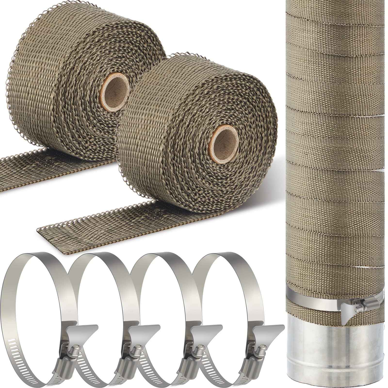 Gisafai 2 Rolls 1.97'' x 16.4' Fireproof Pipe Wrap Basalt Fiber Heat Shield Tape Heat Resistant Pipe Insulation Anti Scalding Chimney Ribbon Stove Flue Protector with Clamp for Motorcycle Exhaust