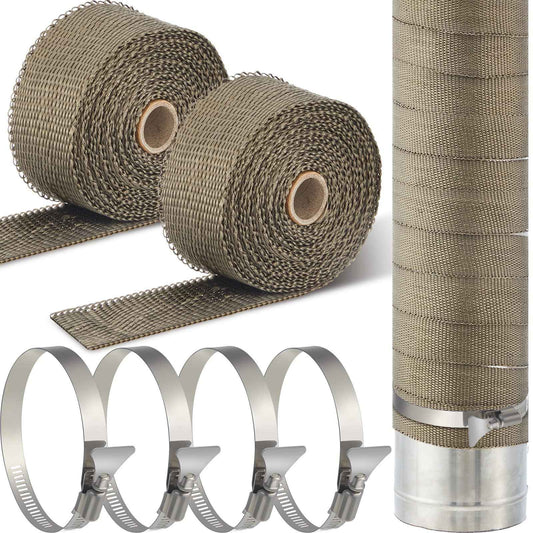 Gisafai 2 Rolls 1.97'' x 16.4' Fireproof Pipe Wrap Basalt Fiber Heat Shield Tape Heat Resistant Pipe Insulation Anti Scalding Chimney Ribbon Stove Flue Protector with Clamp for Motorcycle Exhaust